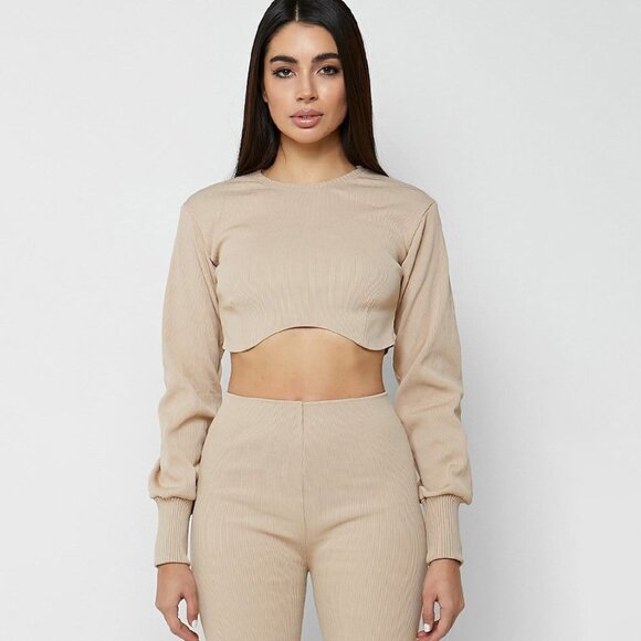 Maniere De Voir Cropped Ribbed Underbust Top Beige - Picture 1 of 7